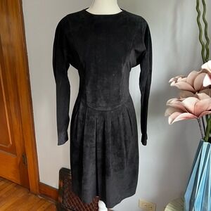 80s Vintage Joanie Char Black Suede Leather‎ Dress Pleated Long Sleeve Women's 6